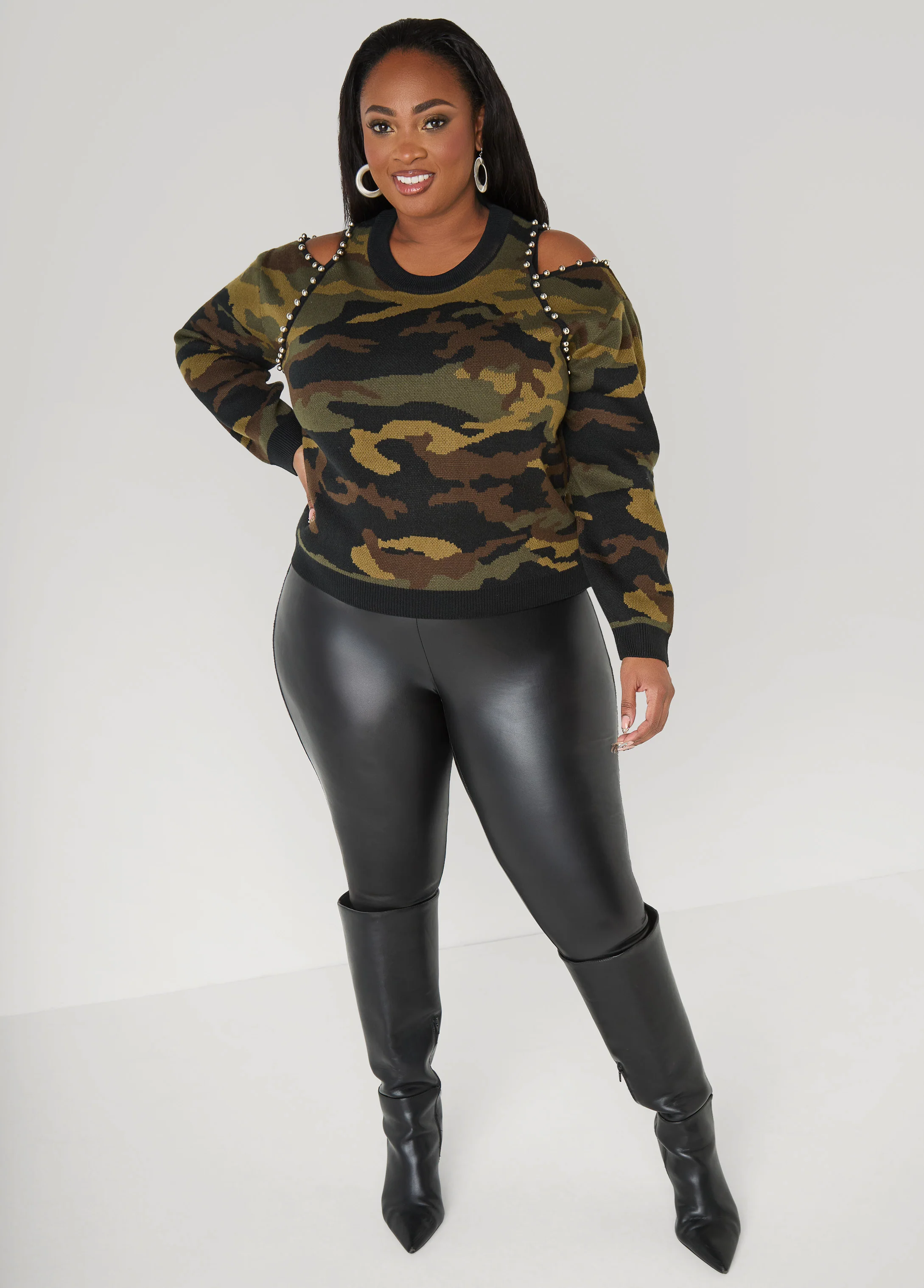 Studded Cold Shoulder Camo Sweater - Image 3
