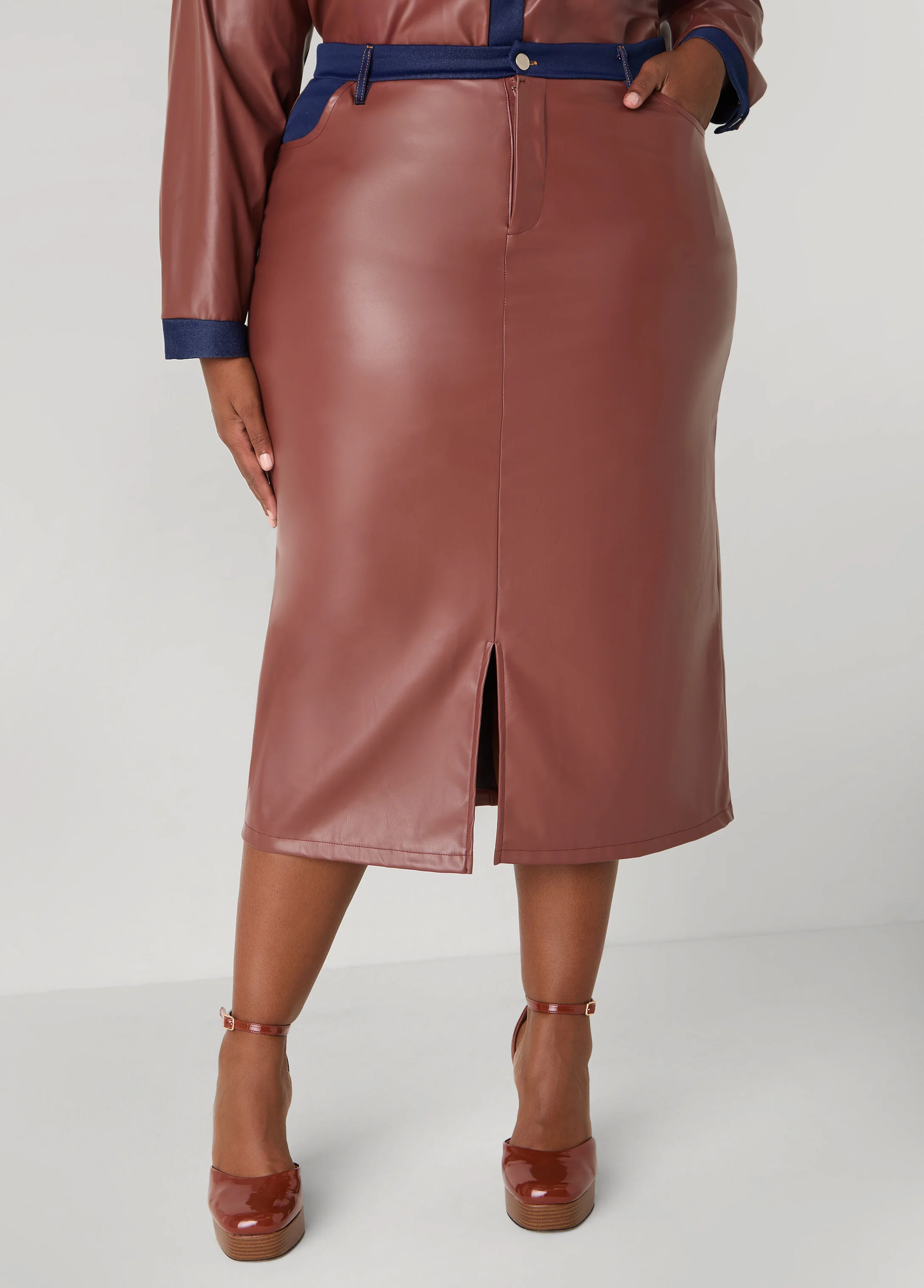 Denim Trimmed Faux Leather Skirt - Image 4