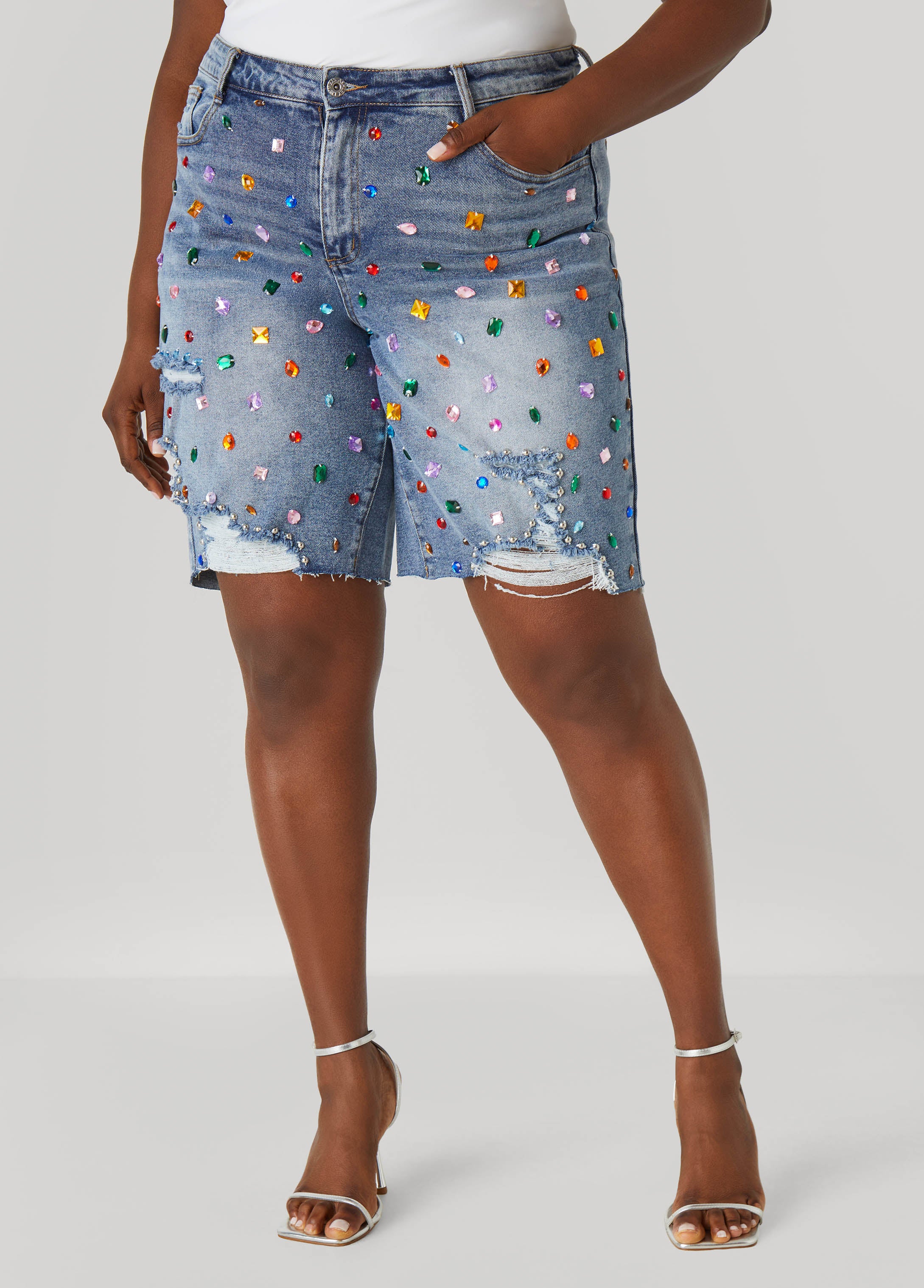 Crystal Distressed Denim Shorts - Image 3