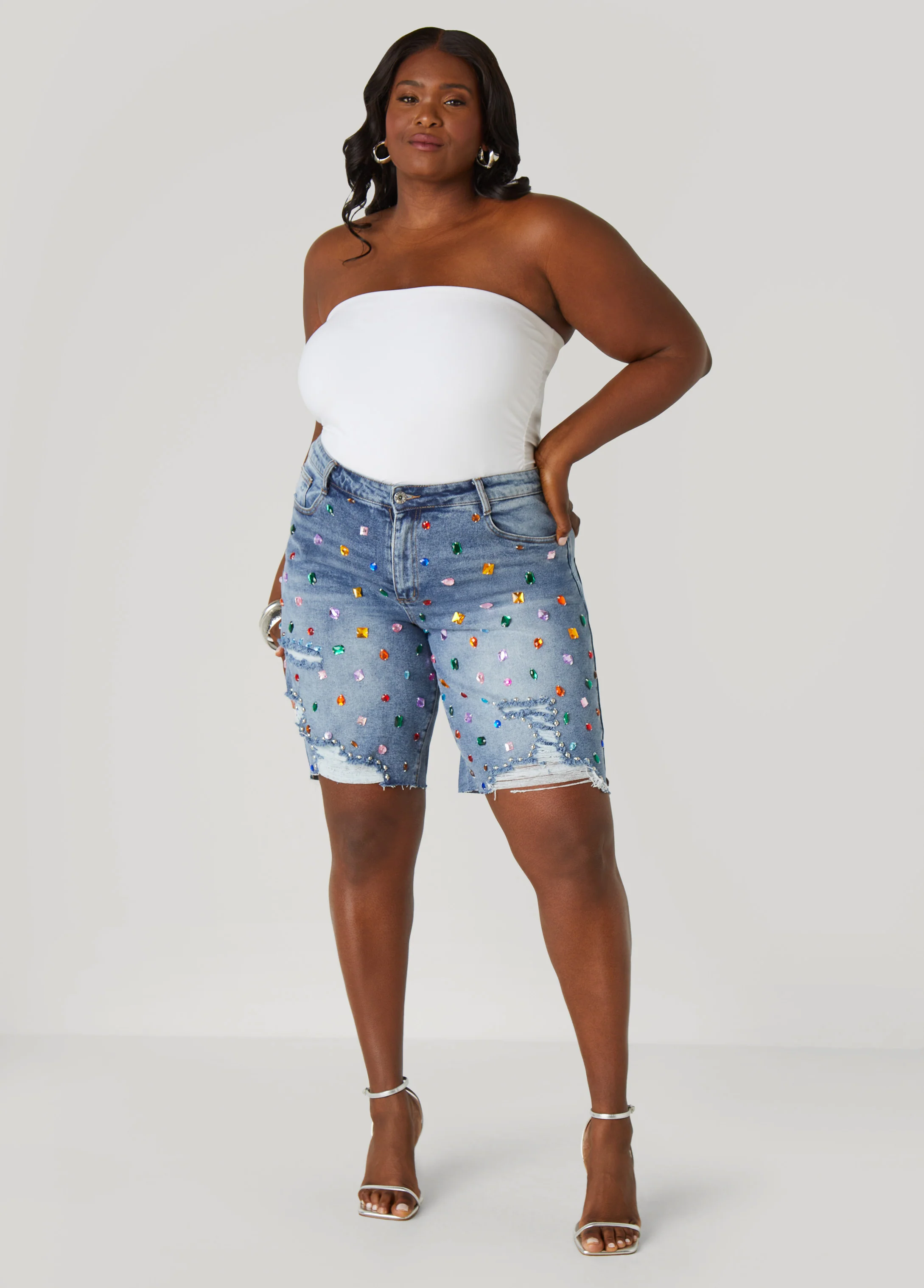 Crystal Distressed Denim Shorts - Image 4