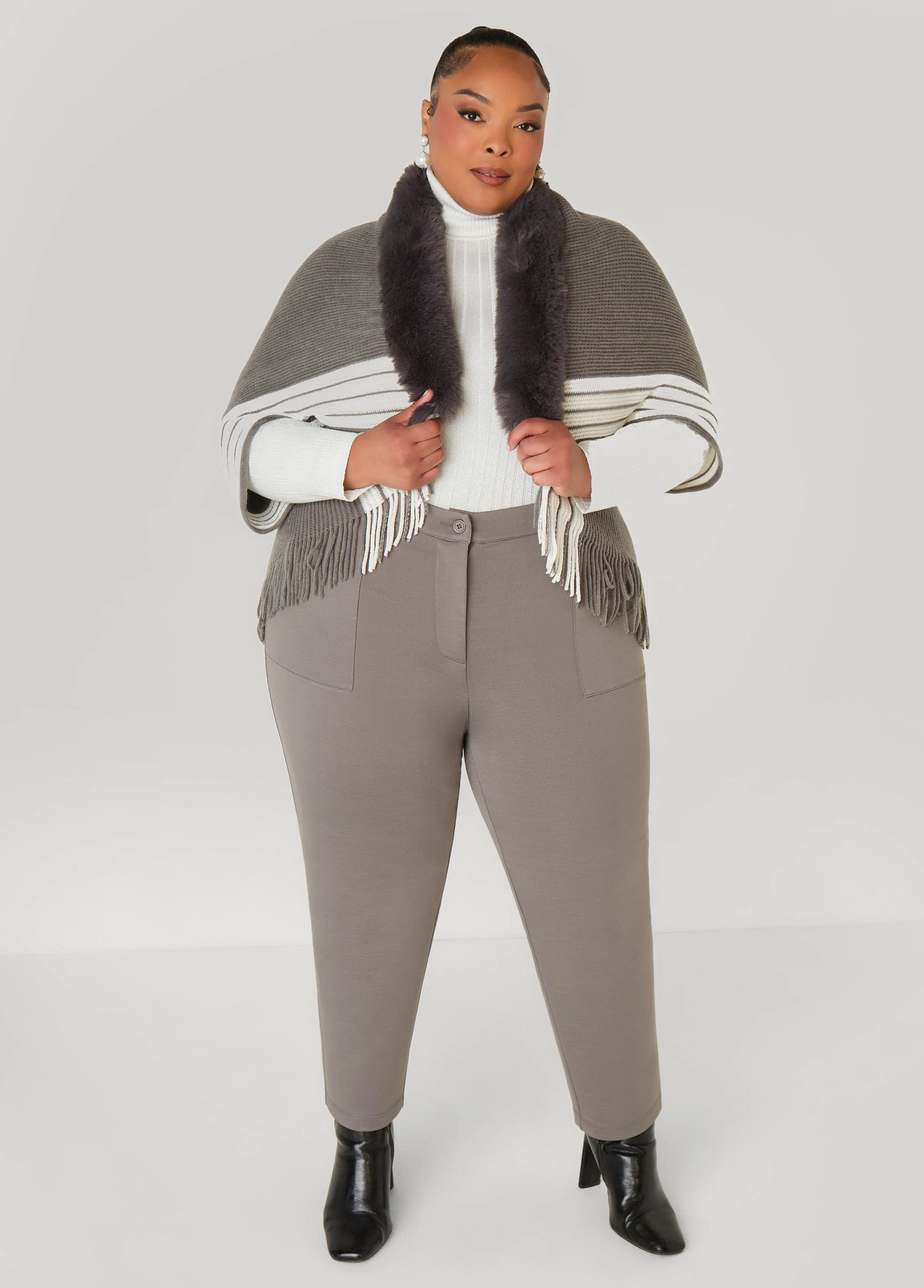 Striped Faux Fur Trimmed Poncho - Image 3