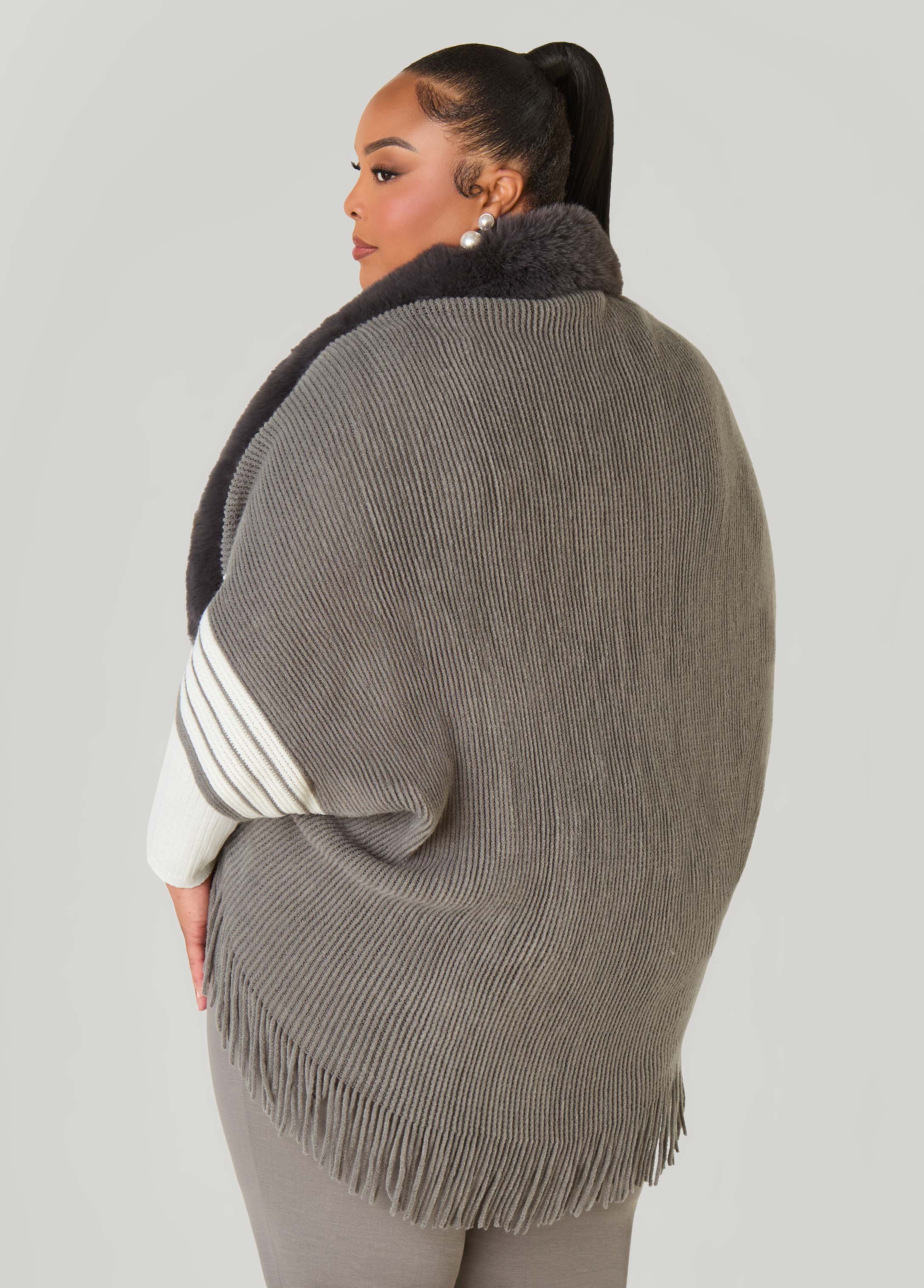 Striped Faux Fur Trimmed Poncho - Image 4