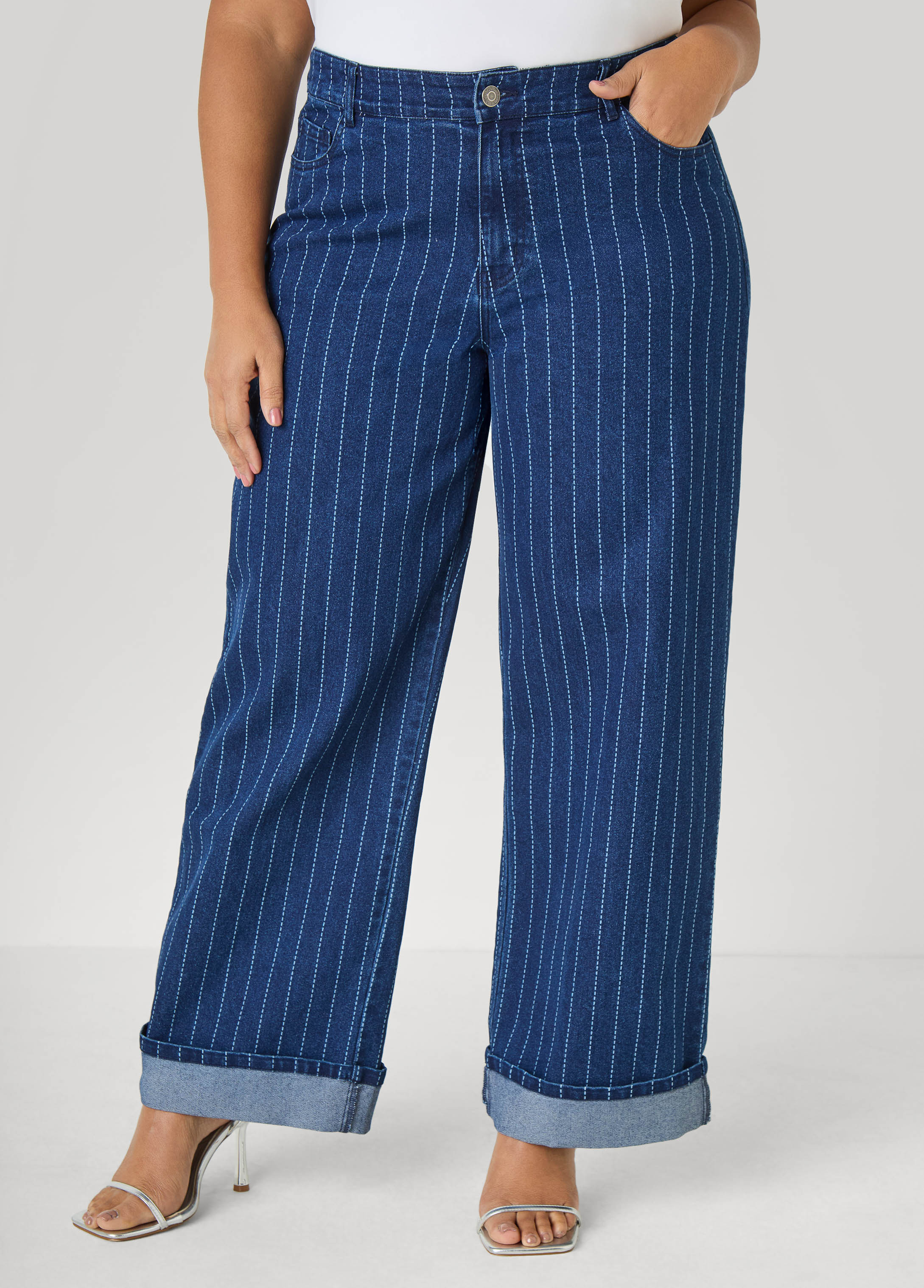 Cuffed Pinstriped Wide Leg Jeans - Image 4