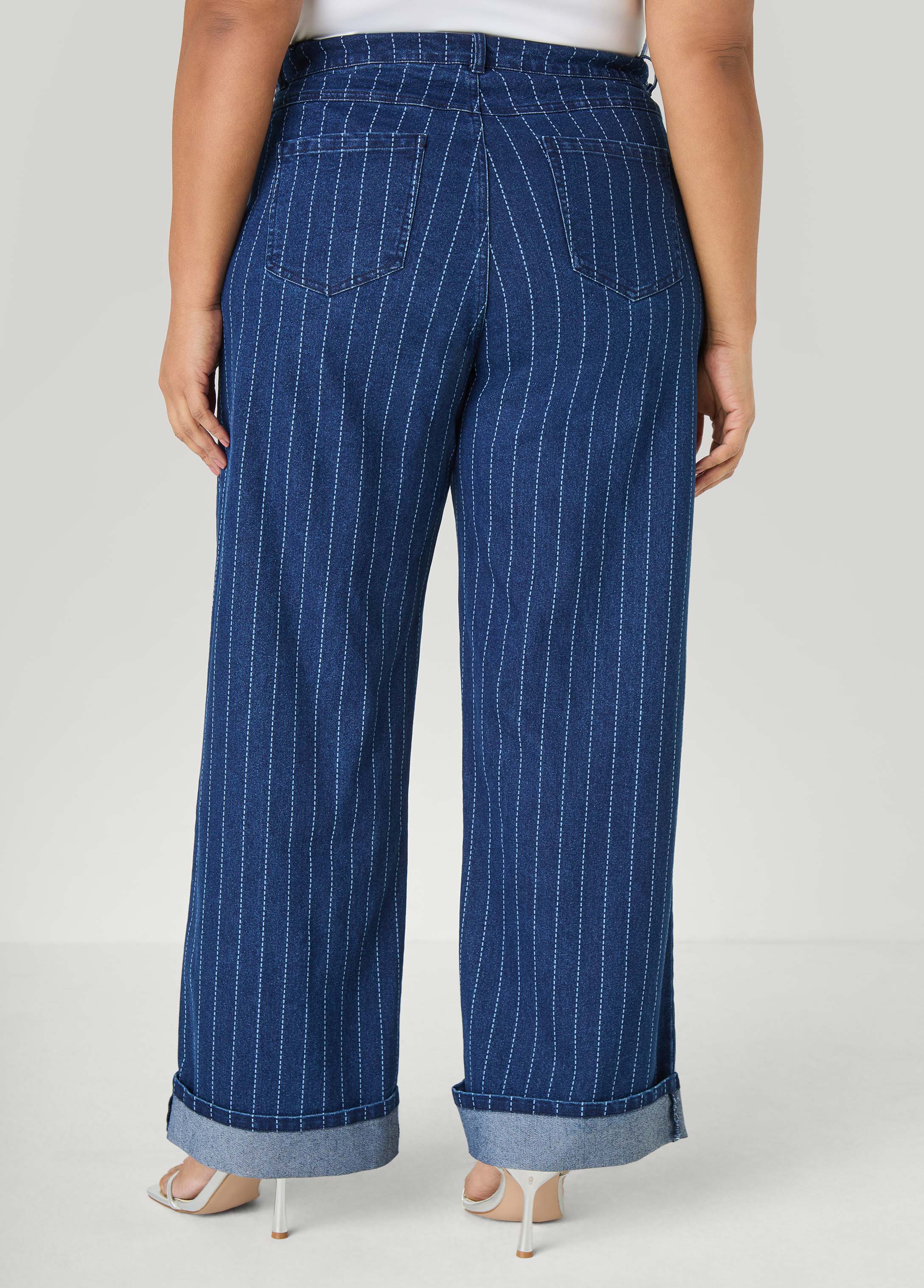 Cuffed Pinstriped Wide Leg Jeans - Image 5