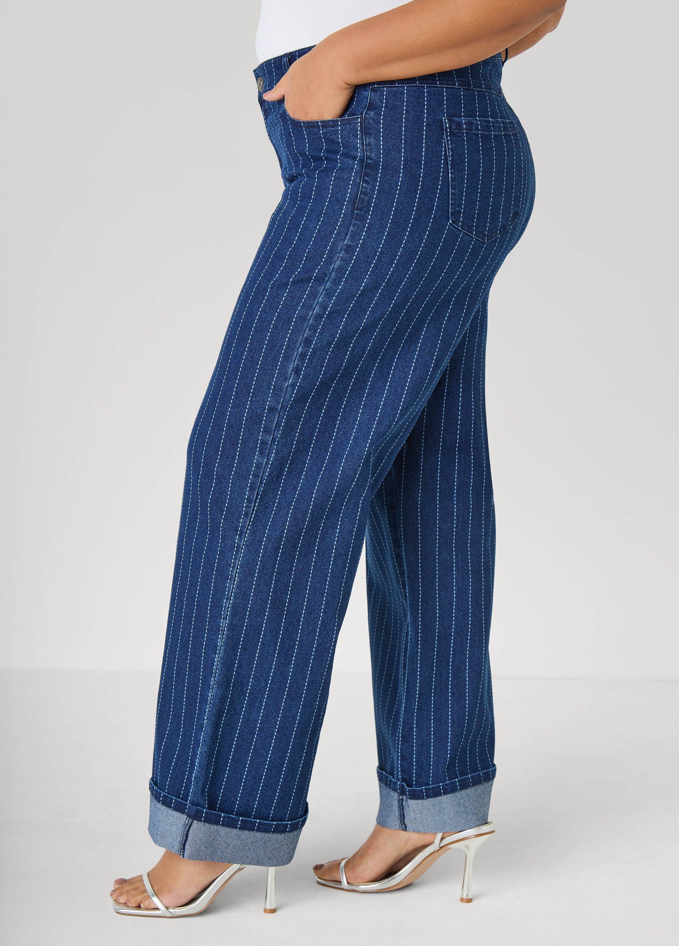 Cuffed Pinstriped Wide Leg Jeans - Image 6