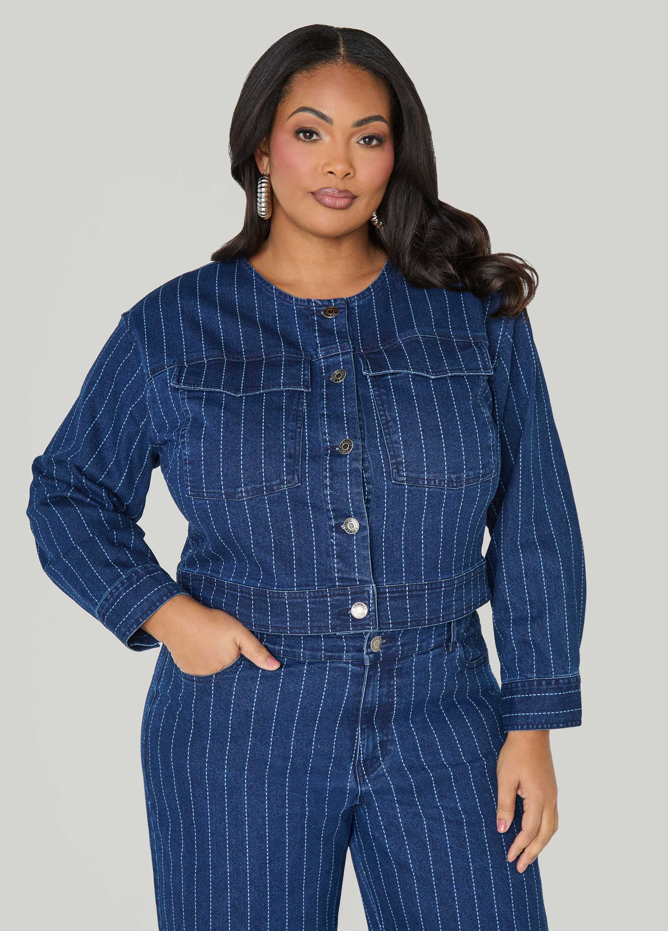 Pinstriped Denim Crop Jacket - Image 5