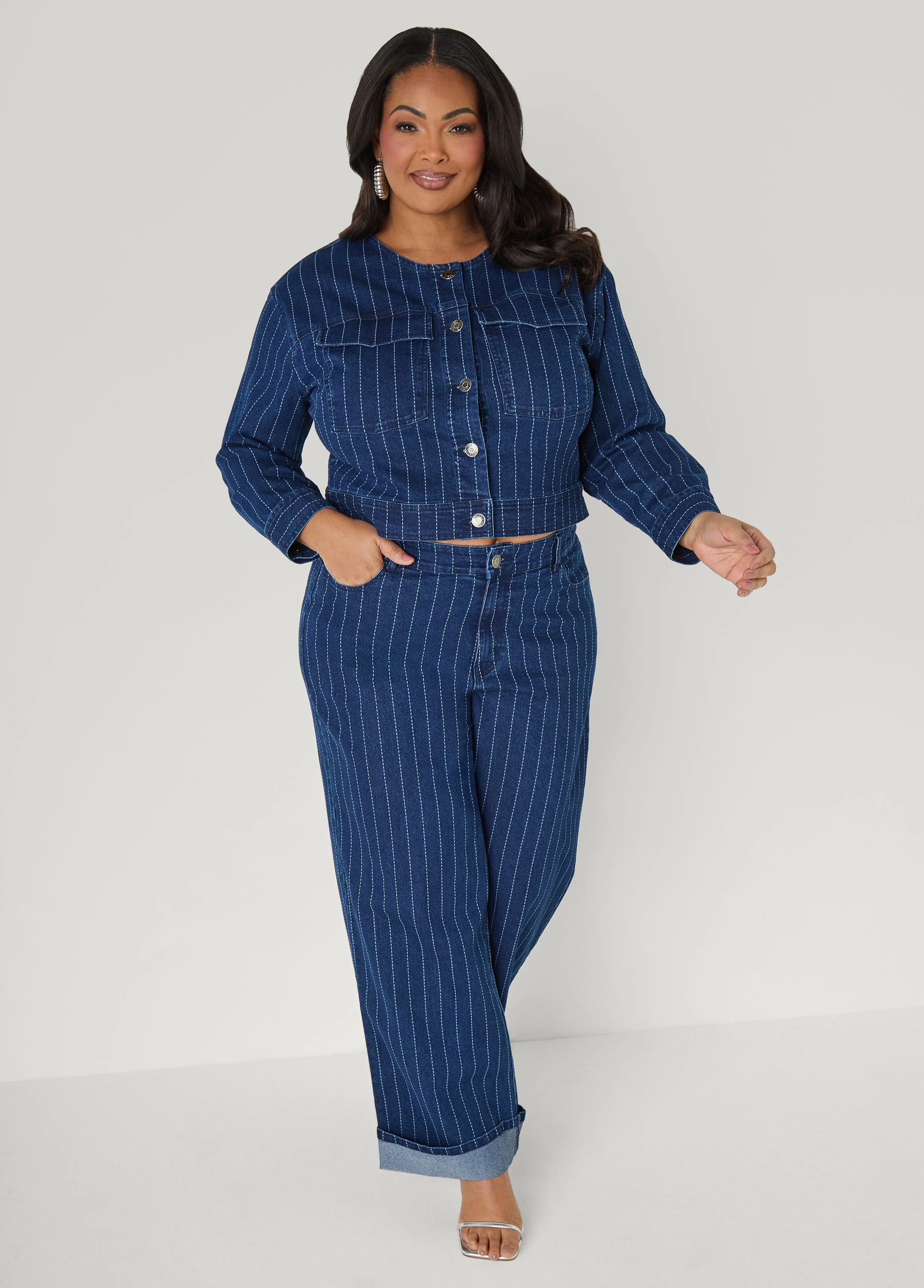 Pinstriped Denim Crop Jacket - Image 7