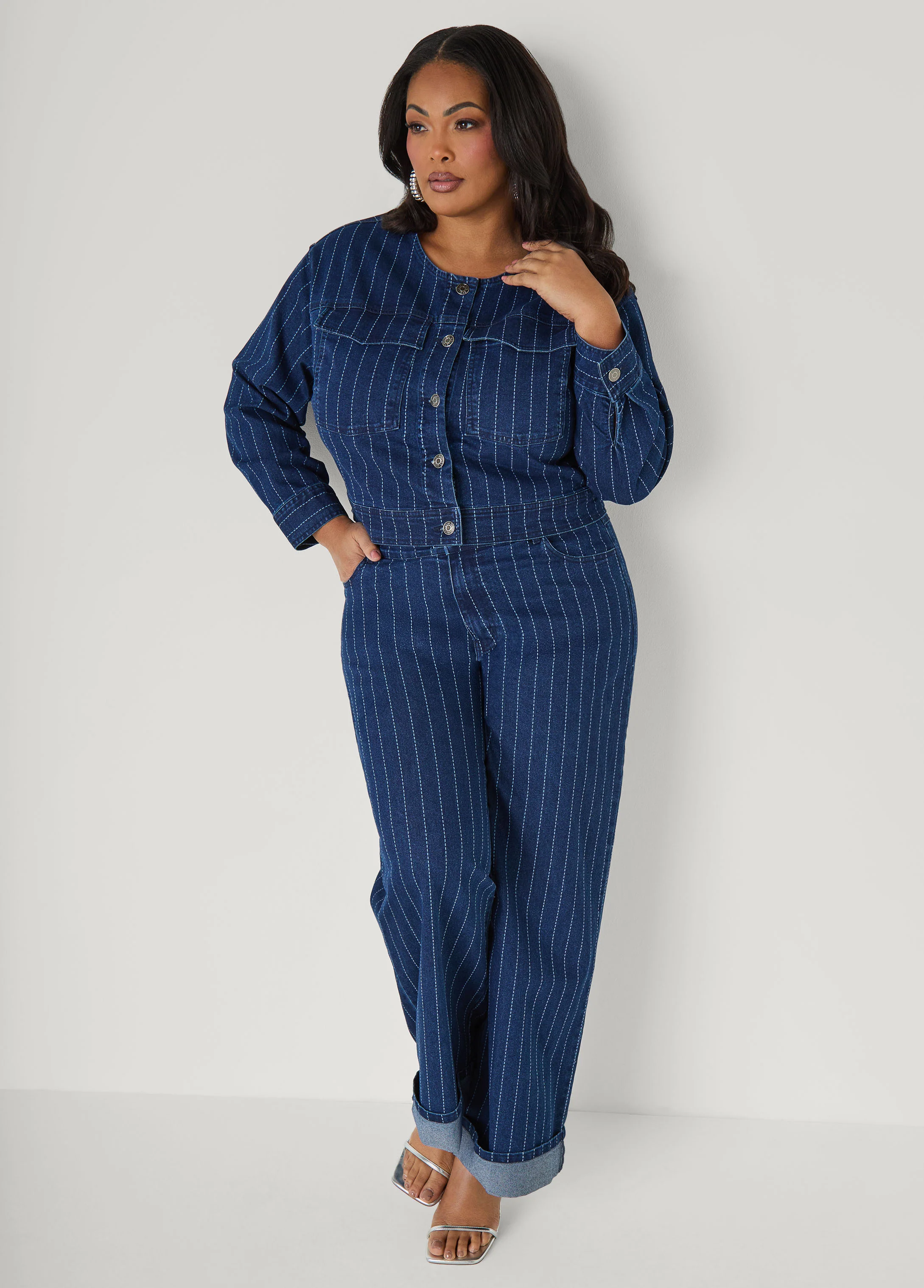 Pinstriped Denim Crop Jacket - Image 8